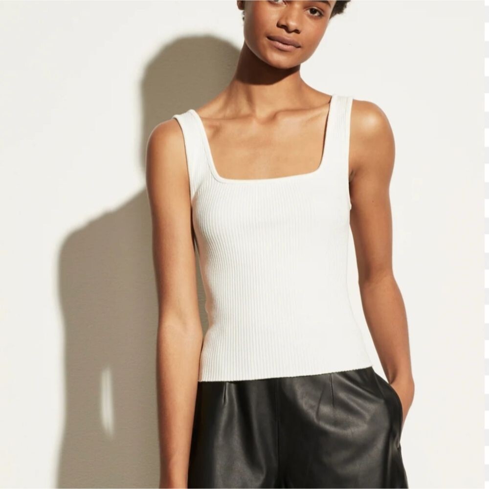 Vince Ribbed Square Neck Tank Top White Small Classic Feminine Structured Preppy
